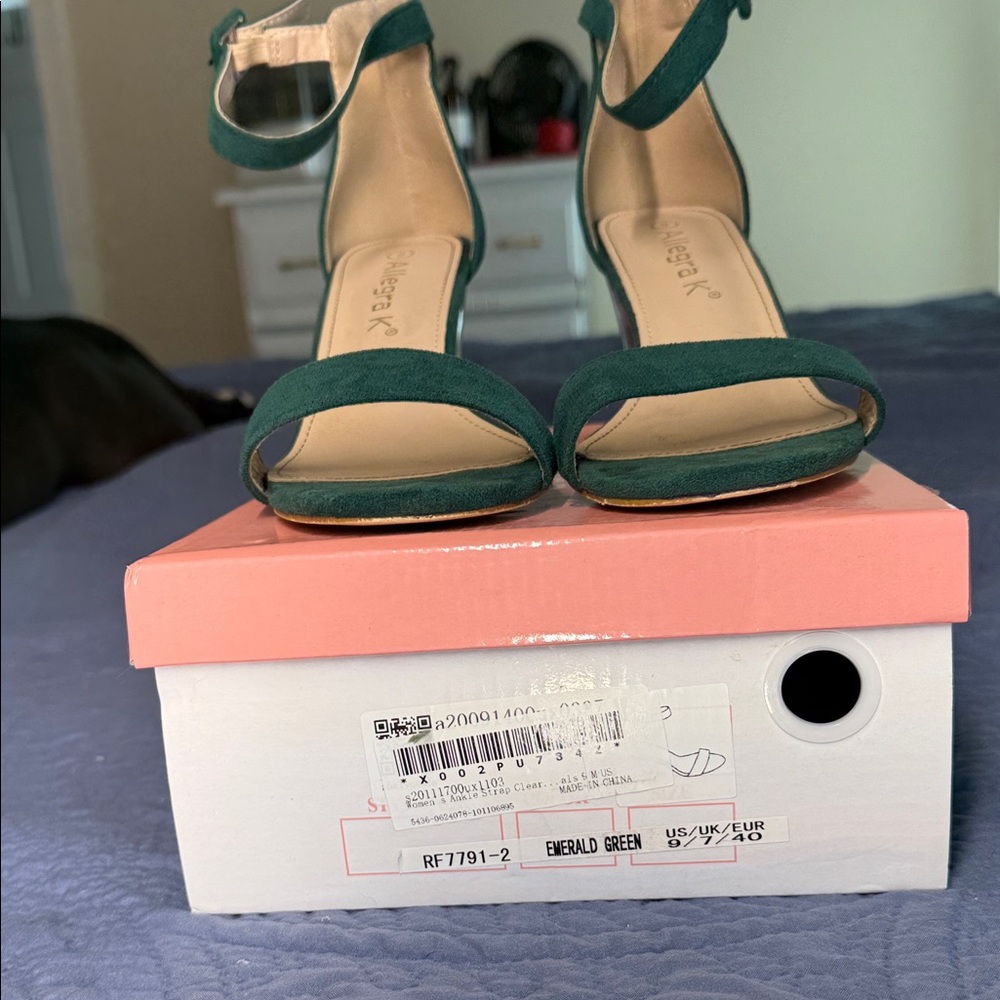 Allegra K Teal Green Suede Ankle Strap Block Heels - Picture 2 of 7